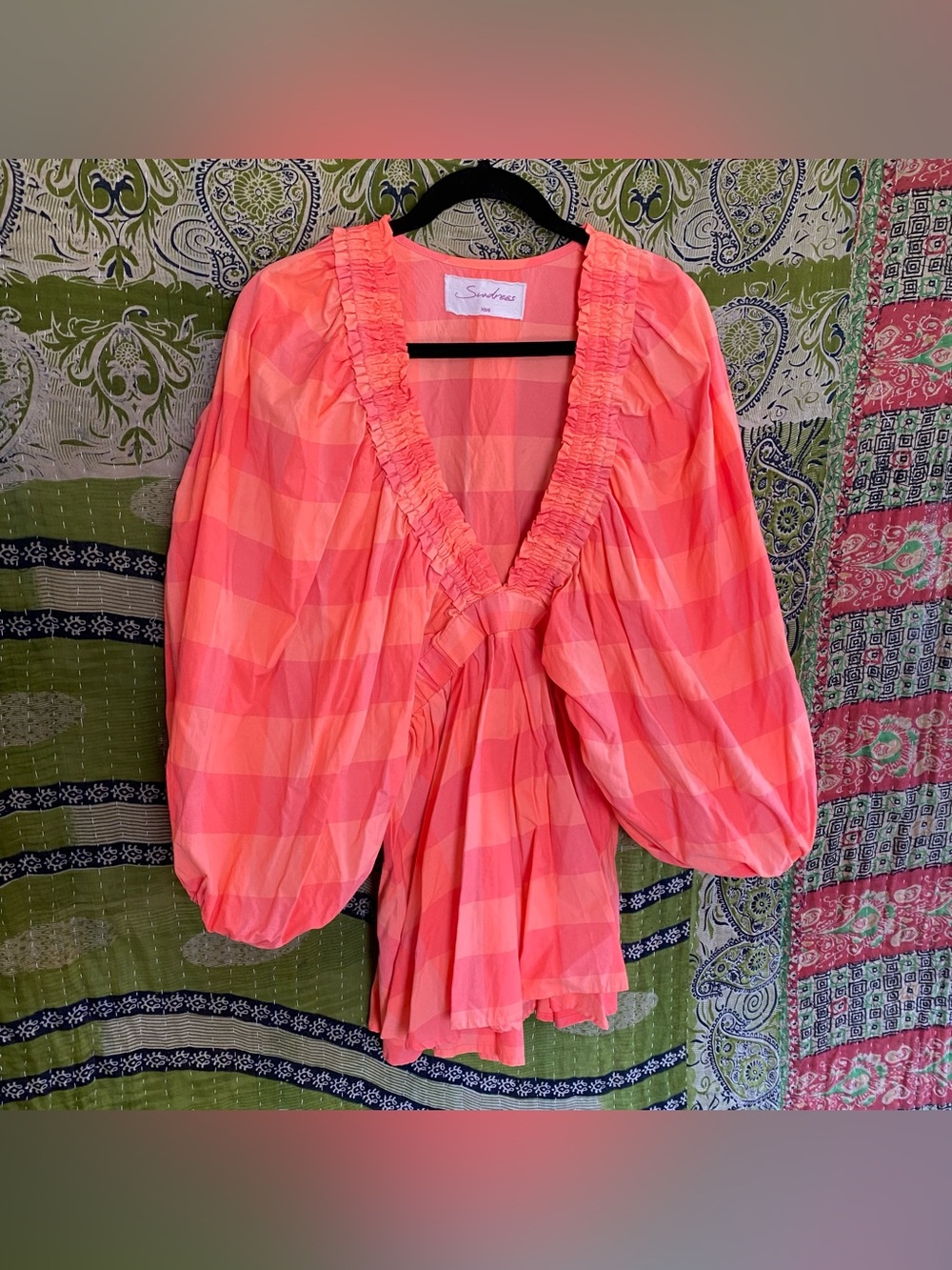 Sundress Neon Coral Alicia Glam Gingham V-Neck Puff Sleeve Romper Size XS/ S - Picture 6 of 16